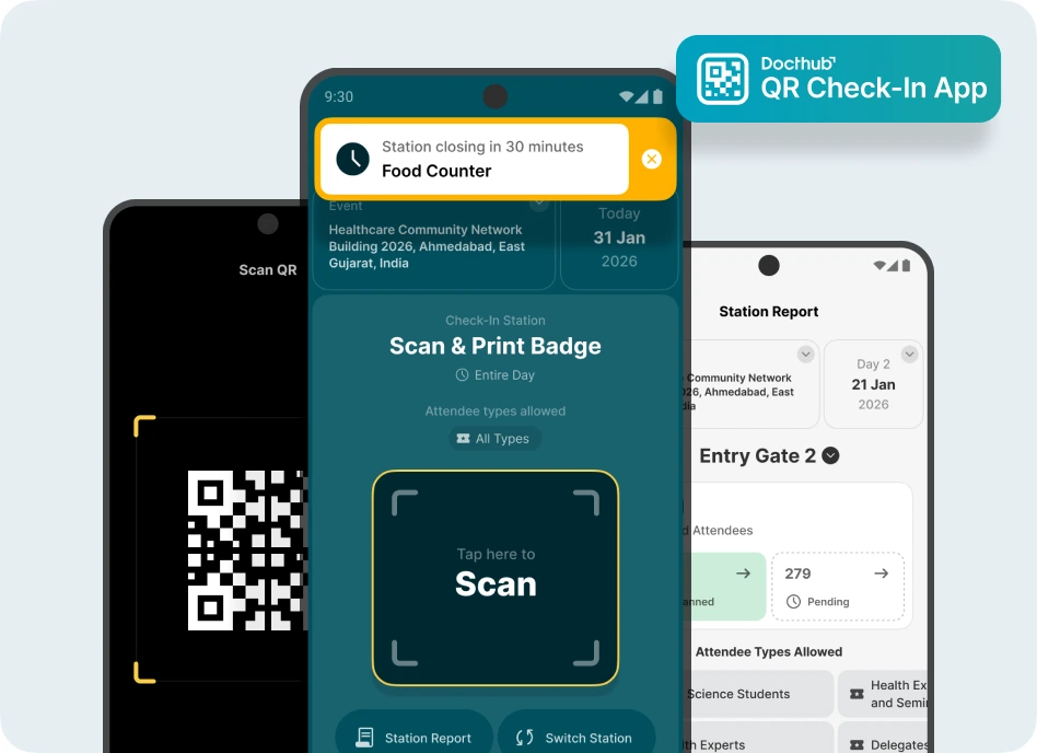 Docthub QR Check-In App on three phones showing scan, station, and report screens