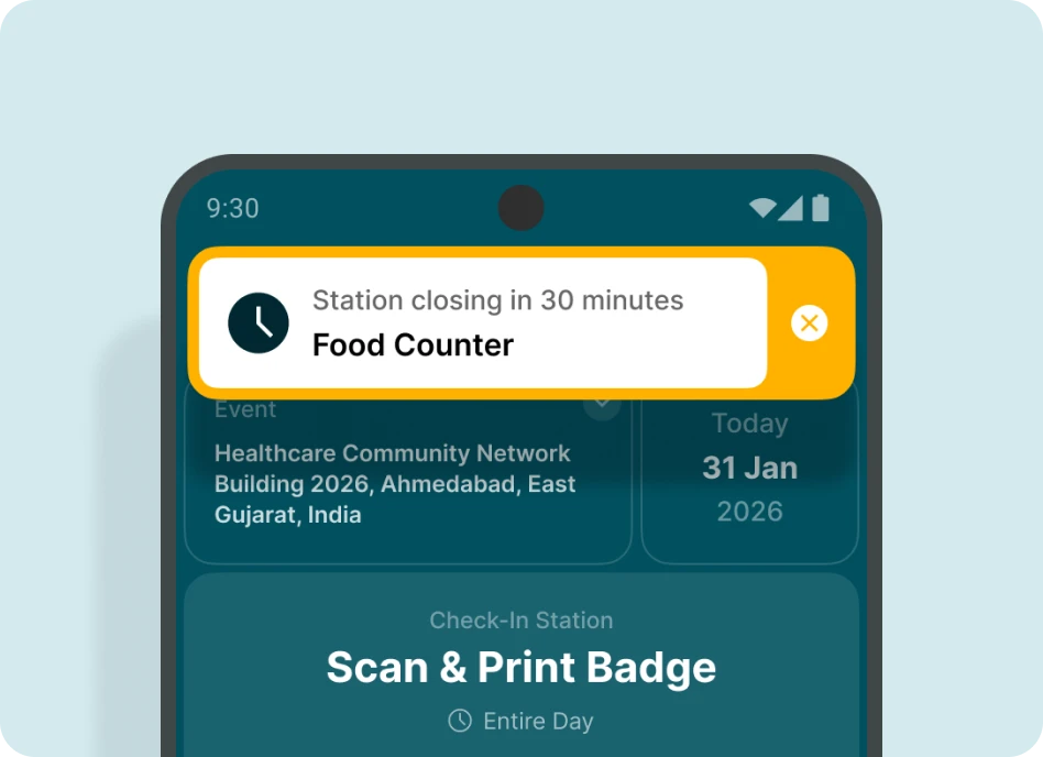 QR Check-In app showing a Food Counter station closing in 30 minutes alert
