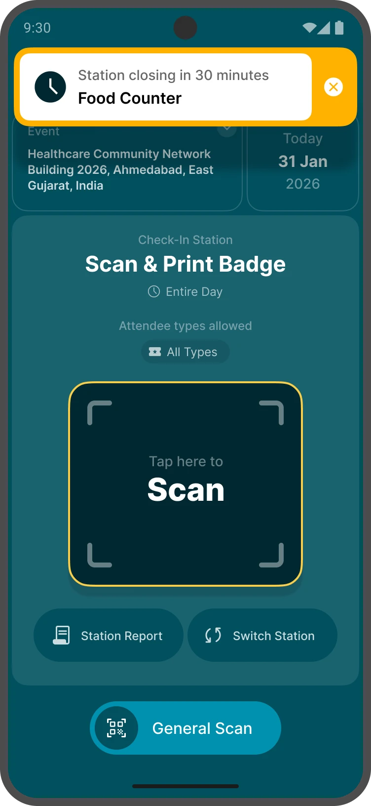 QR Check-In app showing a Food Counter station closing in 30 minutes alert